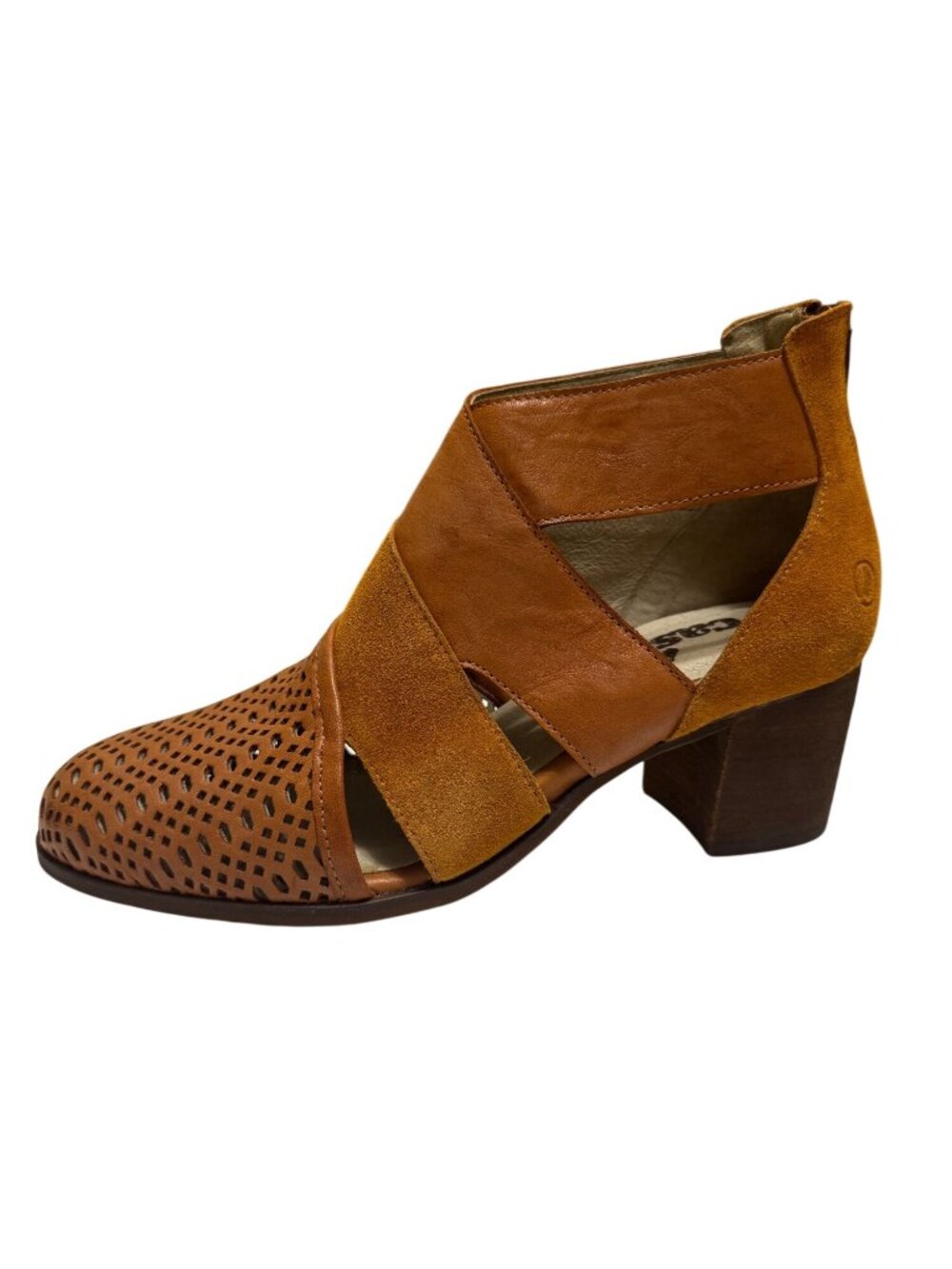 Casta Portugal Brown Leather & Suede Cutout Perforated Block Heel Booties EU 39